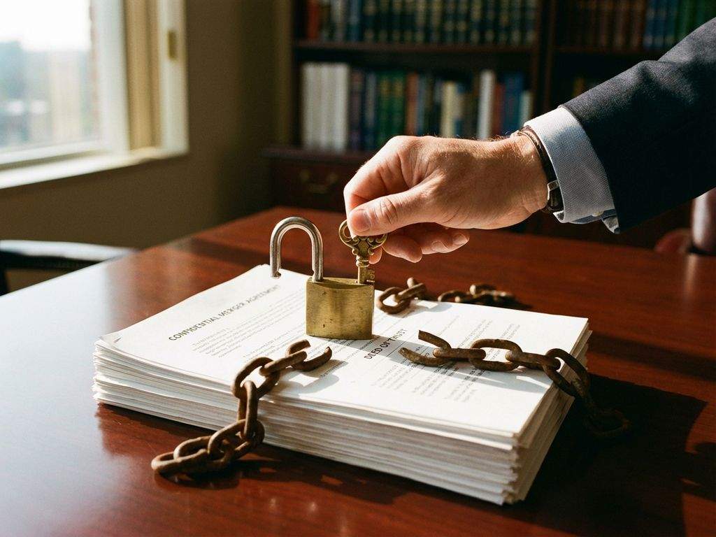 Zakenhand plaatst gouden sleutel in hangslot op fusiedocumenten met gebroken kettingschakels op mahonie bureau