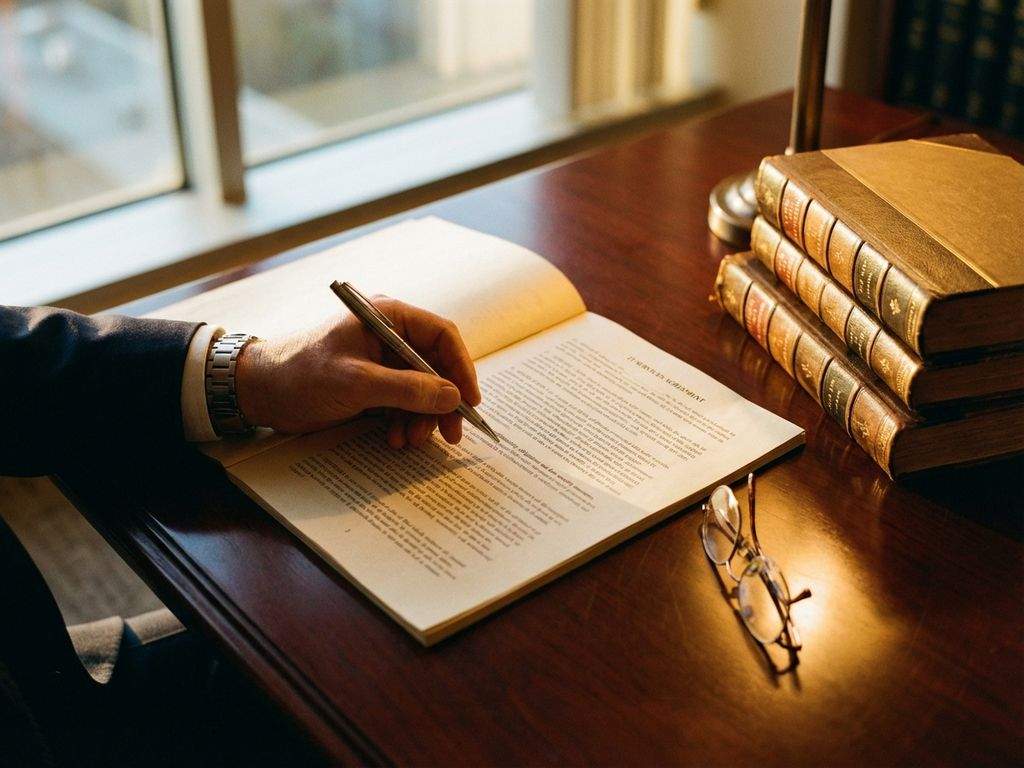 Zakenman ondertekent IT-contract aan mahonie vergadertafel met juridische boeken en leesbrillenglazen in kantoorlicht