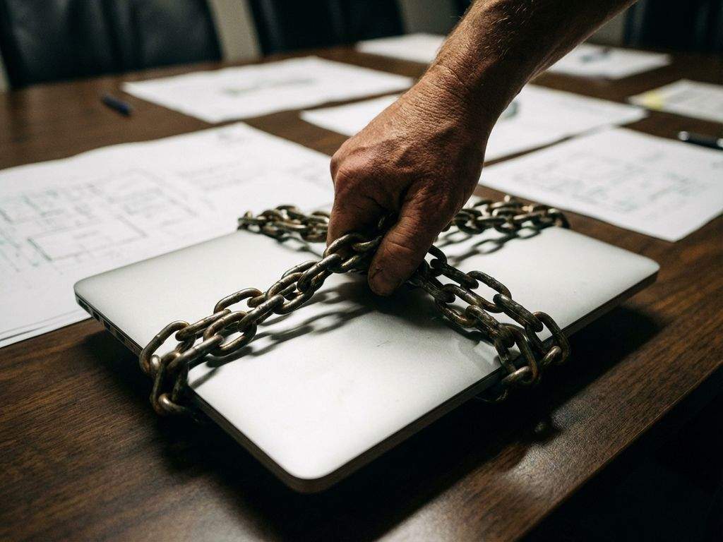 Zakenman houdt laptop vast die vastgebonden is met zware metalen ketting op vergadertafel met documenten