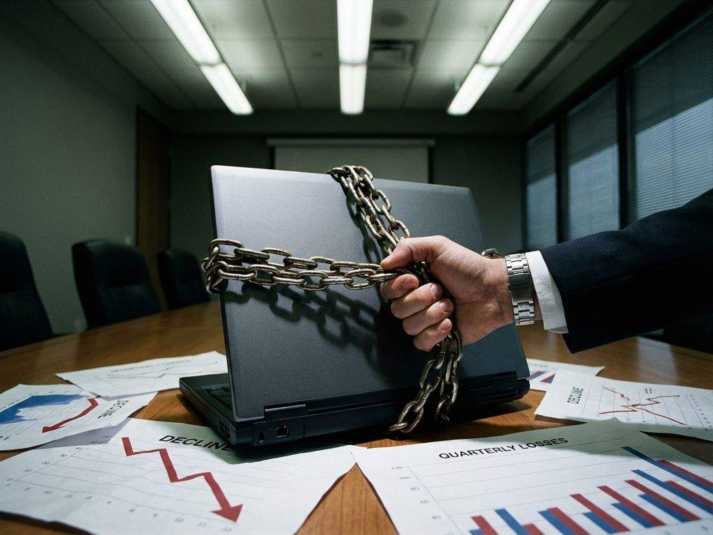 Zakenman grijpt metalen ketting om laptop op vergadertafel met dalende prestatierapportages eronder