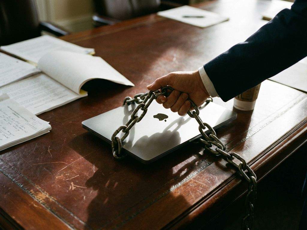 Zakenman houdt metalen ketting vast die om laptop gewikkeld is op mahonie conferentietafel met juridische documenten