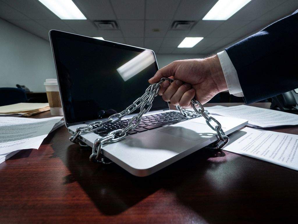 Zakenman houdt metalen ketting vast die om laptop gewikkeld is op kantoorbureau met contractdocumenten