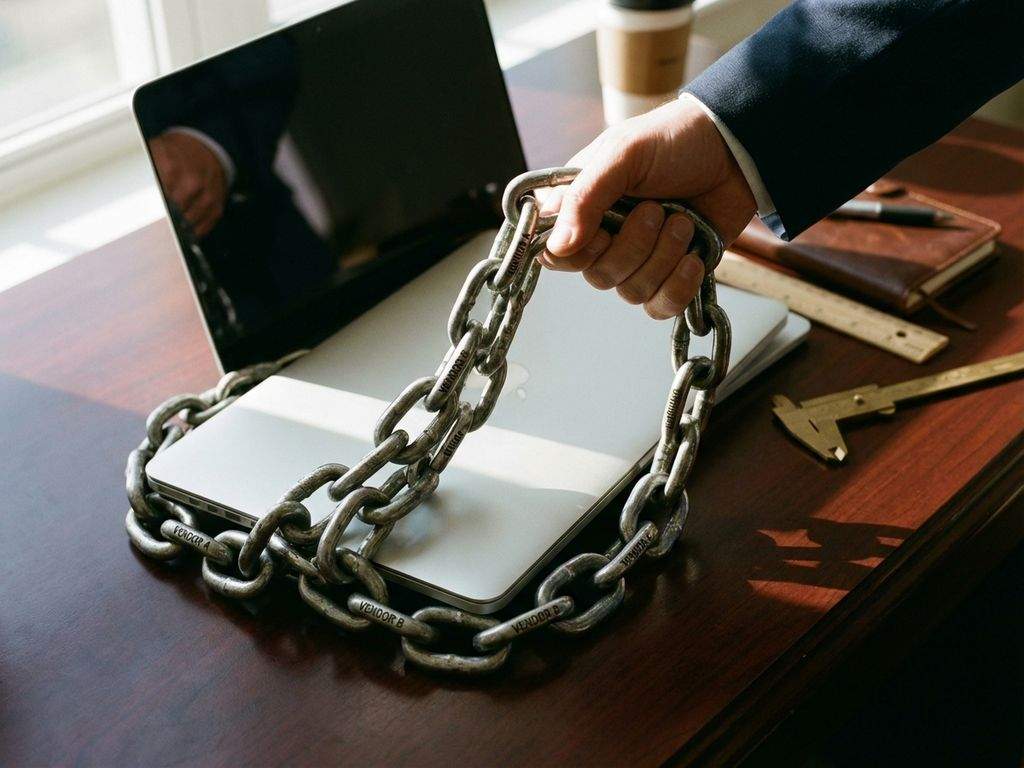 Zakenman houdt zware metalen ketting vast die om laptop gewikkeld is, symboliseert softwareafhankelijkheden op bureau