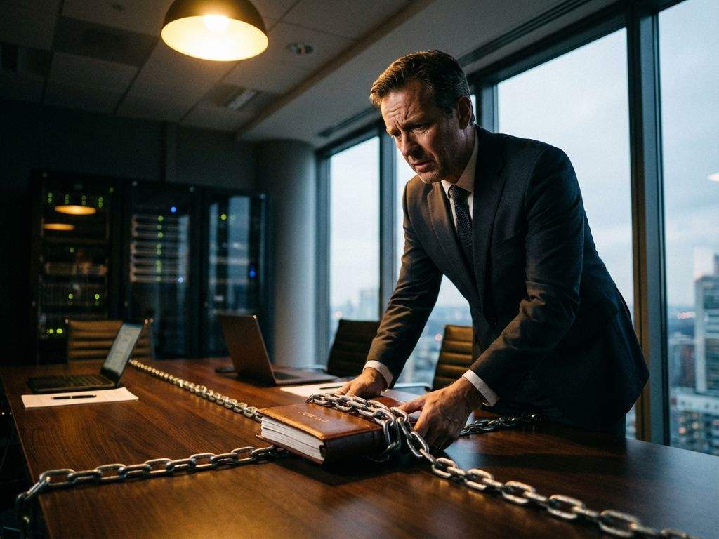 Bezorgde zakenman in pak bekijkt contract met ketenen in moderne boardroom met laptops en servers op achtergrond