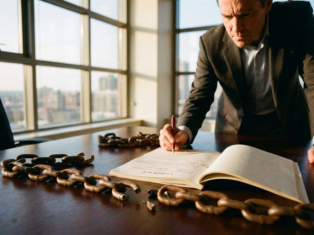 Zakelijke directeur beoordeelt contract terwijl metalen kettingen op conferentietafel breken, kantooromgeving