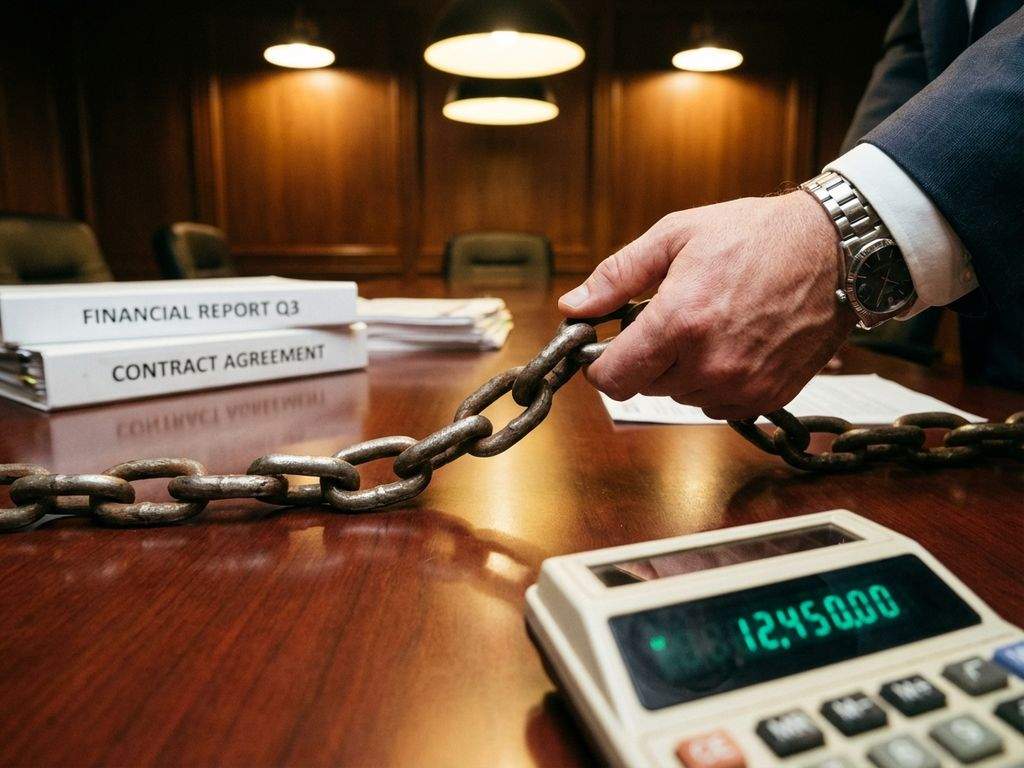 Zakenman houdt zware metalen ketting boven bestuurskamertafel met contracten, financiële rapporten en calculator