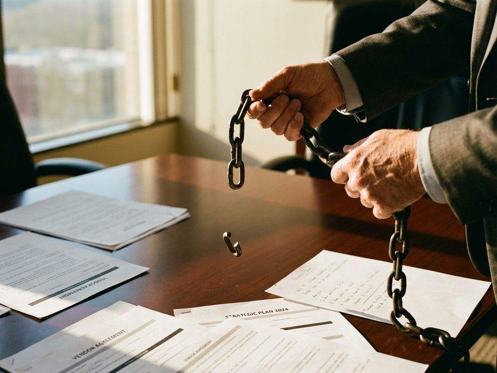 Zakenman houdt gebroken ketting boven vergadertafel met leverancierscontracten en strategische planningsdocumenten