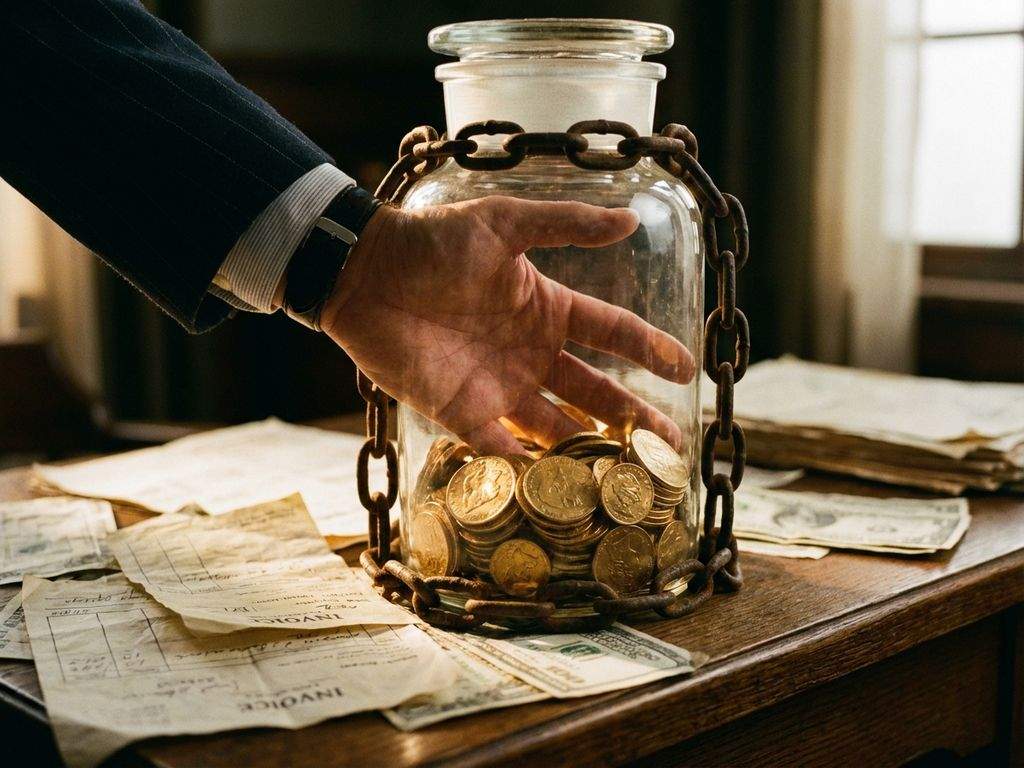 Zakenman's hand gevangen in glazen pot met gouden munten, omringd door rekeningen en kettingen op houten bureau