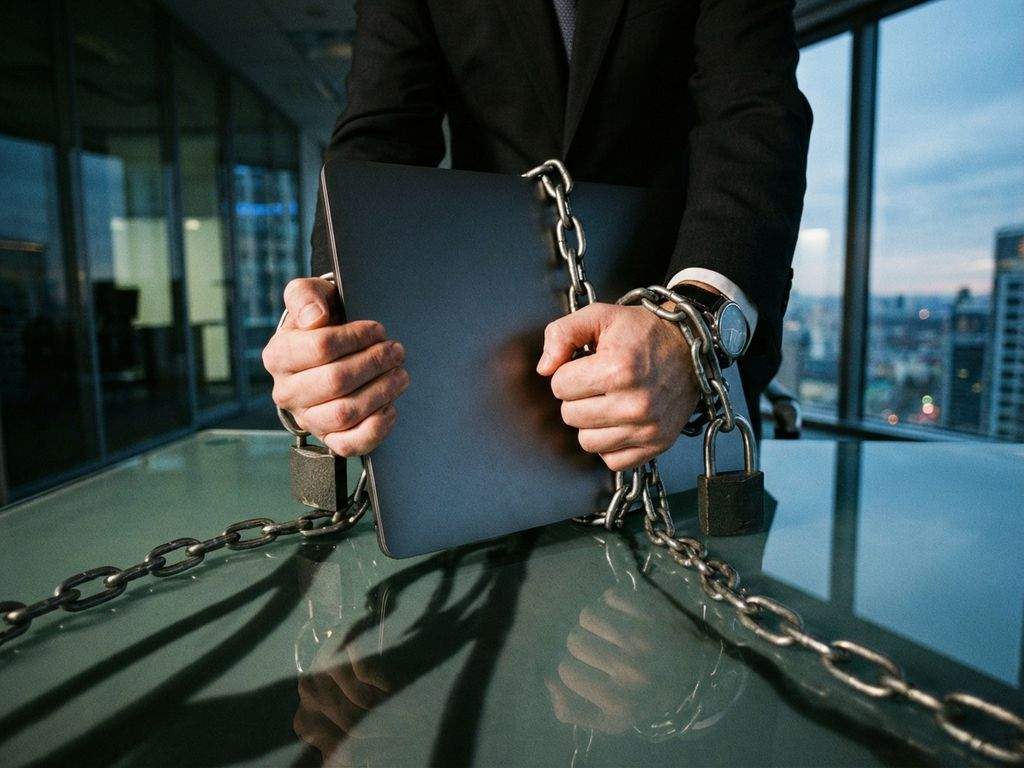 Zakenman met laptop vastgeketend aan polsen zit aan glazen bureau in modern kantoor, dramatische belichting