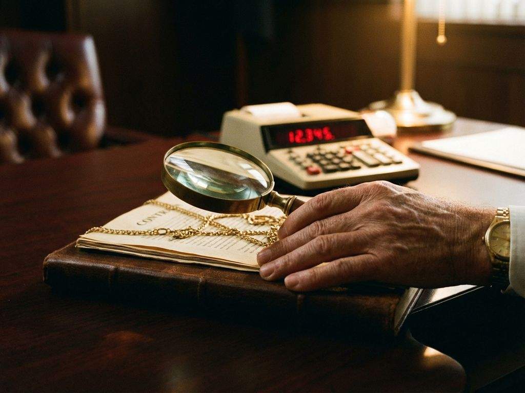 Zakenman onderzoekt contract met vergrootglas op mahoniehout bureau, calculator en gouden kettingen zichtbaar