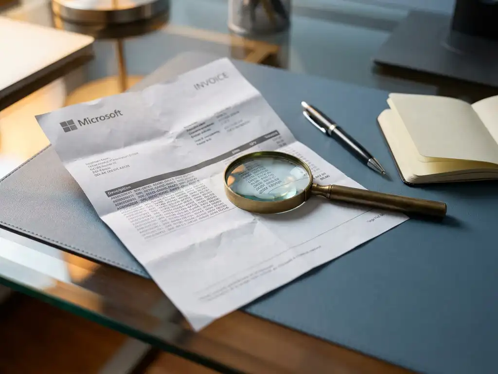 Verfrommelde Microsoft-factuur op glazen bureau met vergrootglas over factuurcodes, pen en notitieboekje ernaast.