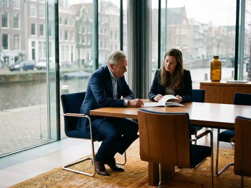 Adviseur in pak onderhandelt met softwareleverancier over contract in moderne Amsterdamse boardroom met glazen wanden.