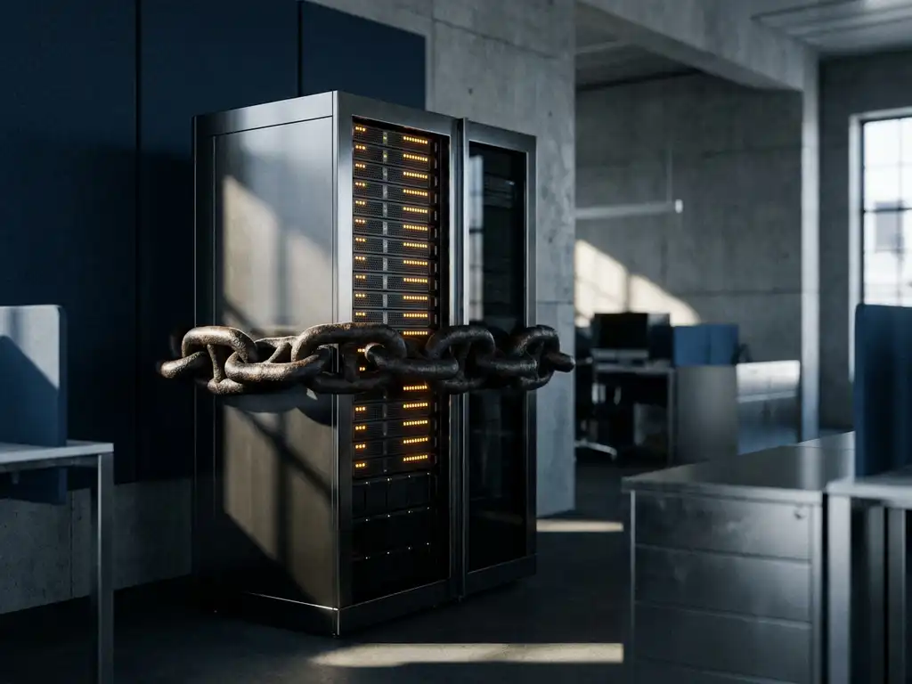 Zware ijzeren ankerketting om een server rack gewikkeld, symboliseert vendor lock-in, in een donkerblauw en staalgrijs kantoor.
