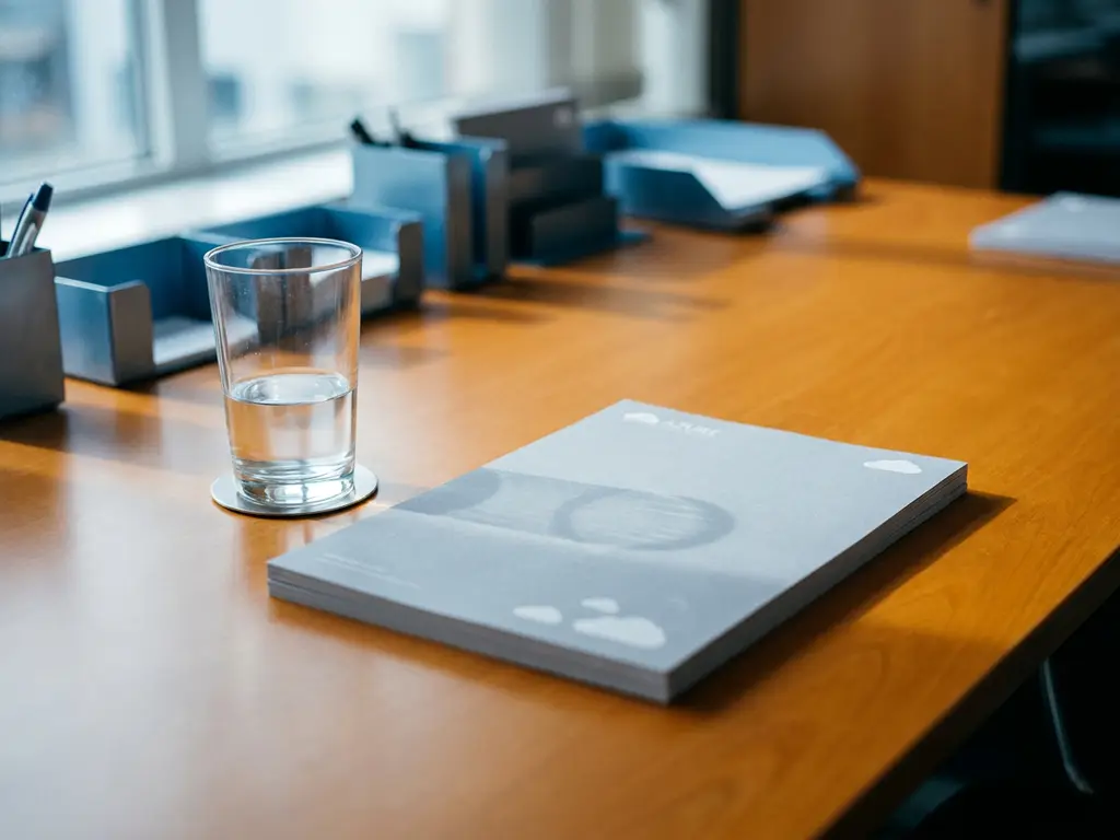 Half gevuld waterglas naast een stapel ongebruikte Azure-facturen op een zakelijk bureau, zacht raamlicht, stalen blauwe tinten.