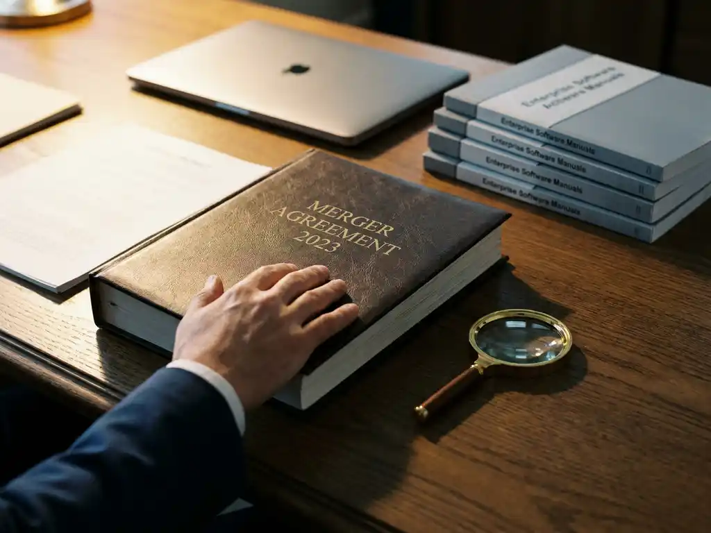 Advocatenhand op dik juridisch contractdossier met vergrootglas op donker eikenhouten bureau, bedrijfssoftware documentatie op achtergrond.