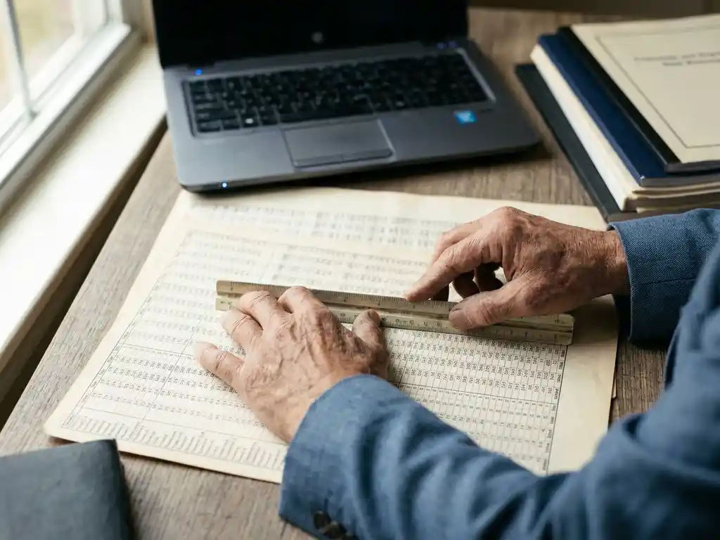 Consultant legt stalen liniaal over uitgeprinte spreadsheet met contractprijzen, laptop en rapporten op de achtergrond.