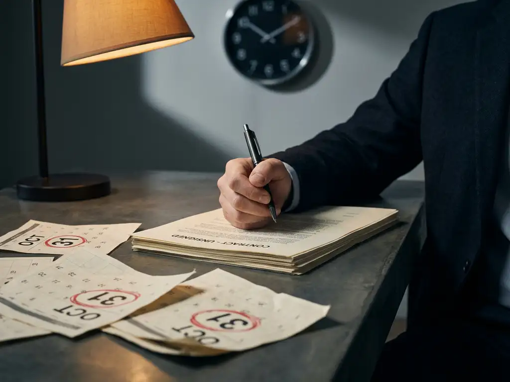 Zakenman houdt pen boven ongetekend contract op bureau met omcirkelde deadline op kalender en wazige klok op achtergrond.