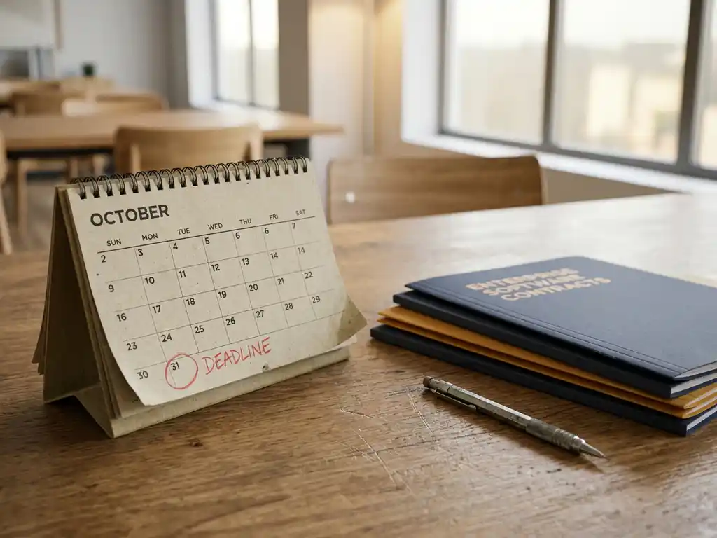 Opengeslagen bureaukalender met aangemerkte deadline naast gestapelde contractmappen en mechanisch potlood op kantoorbureau.