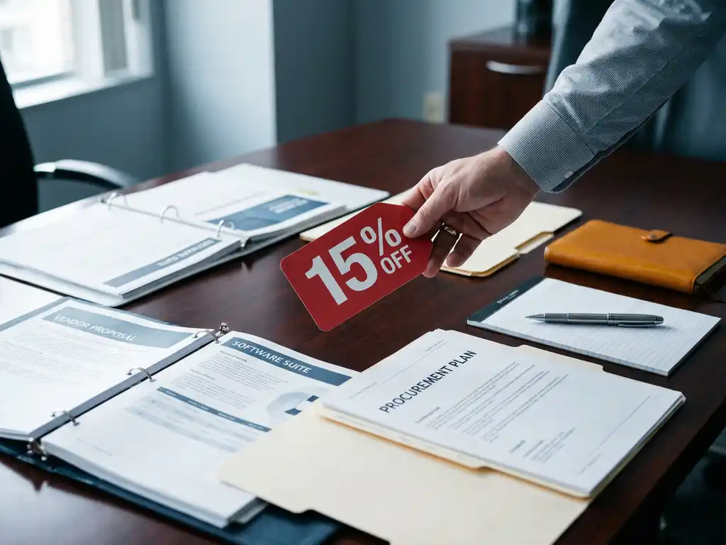 Hand met rode kortingstag boven offertes van enterprise softwareleveranciers op vergadertafel, pen op de voorgrond.