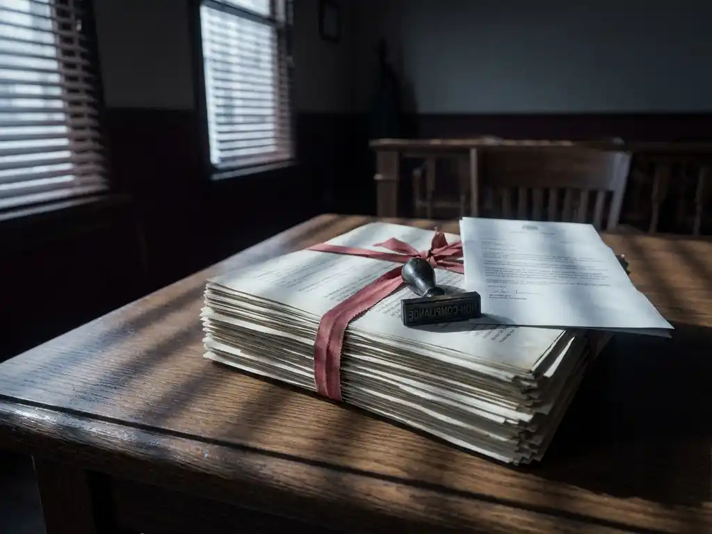 Stapel juridische documenten gebonden met rood lint op donker eikenhouten bureau, naast een NON-COMPLIANCE stempel en formele brief.