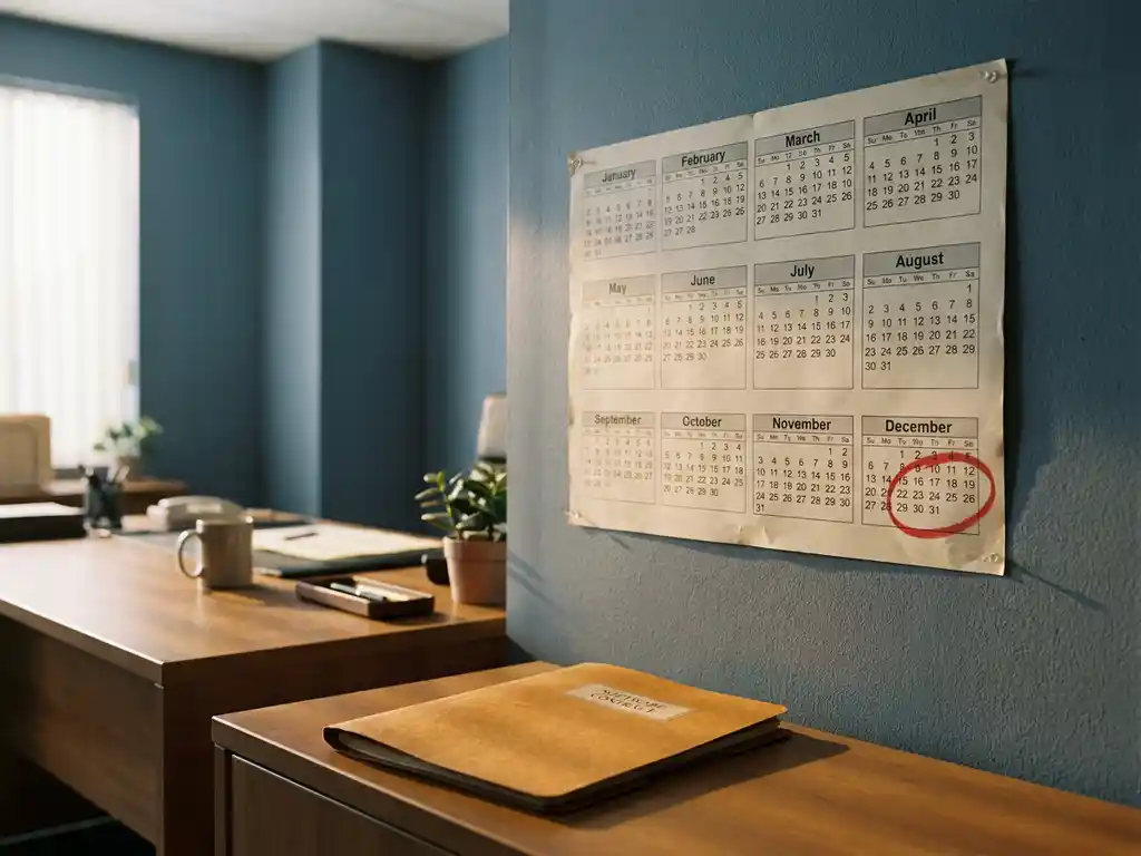 Jaarkalender boven zakelijk bureau met rood omcirkelde datum en gesloten softwarecontract, warm natuurlijk licht.