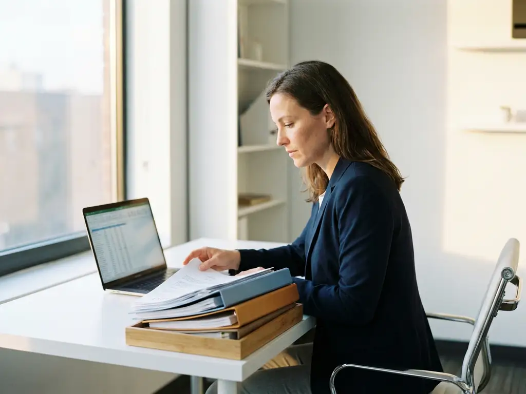 Professional beheert geordende stapel leverancierscontracten en softwarelicenties aan modern bureau met laptop en kleurgecodeerde mappen.