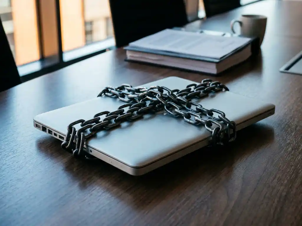 Dikke stalen ketting om een zakelijke laptop op vergadertafel, met vaag leverancierscontract op de achtergrond.