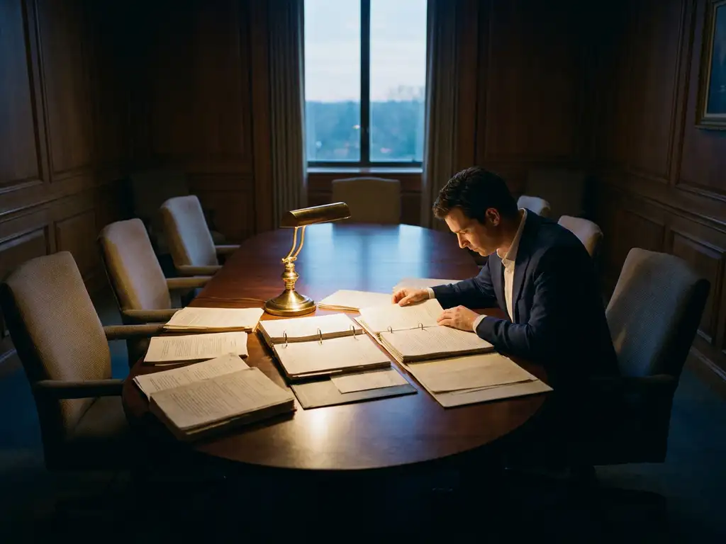 Professional in pak bestudeert dikke stapel contractdocumenten aan vergadertafel, verlicht door bureaulamp in dramatisch licht.