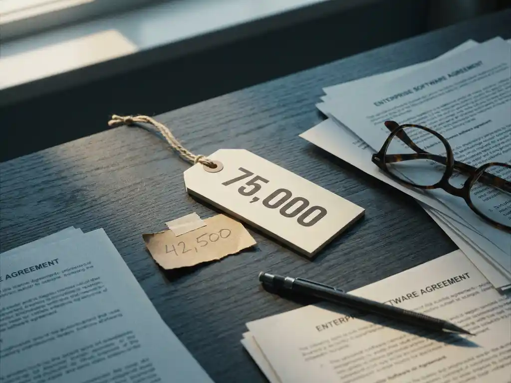 Prijskaartje met groot gedrukt bedrag naast klein handgeschreven onderhandeld cijfer op bureau met enterprise softwarecontracten en leesbril.