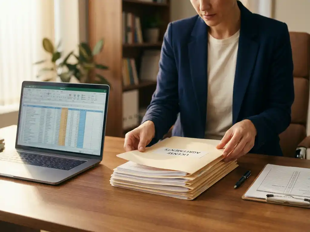 Professional organiseert softwarelicentiedocumenten en contractmappen op een zakelijk bureau met laptop en checklist.
