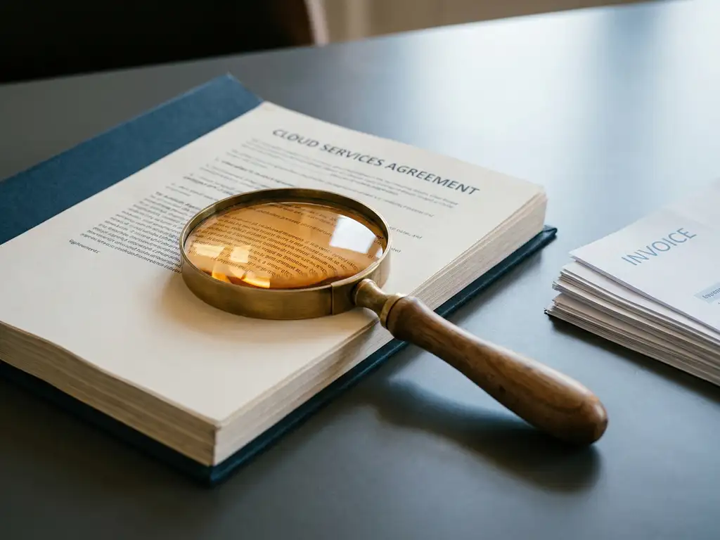 Vergrootglas op clouddienstencontract met kleine lettertjes, naast een stapel facturen op een zakelijk bureau.