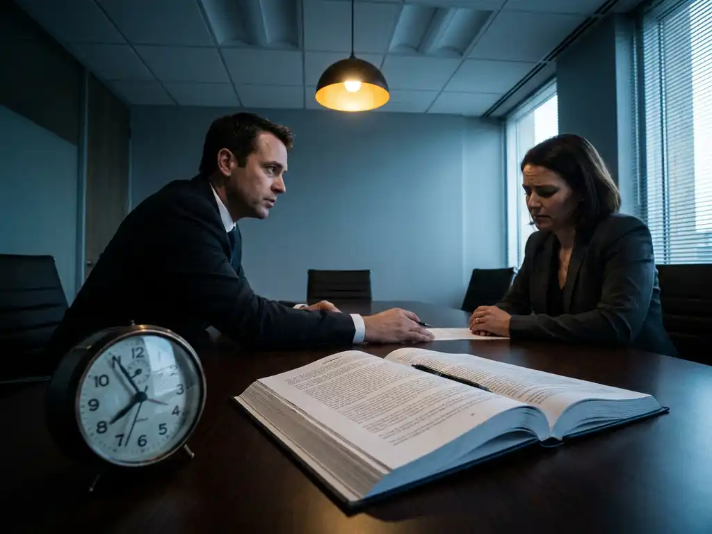 Softwareleverancier leunt over vergadertafel naar klant, contract en tikkende klok op voorgrond, scherpe schaduwen in stalen blauwtinten.