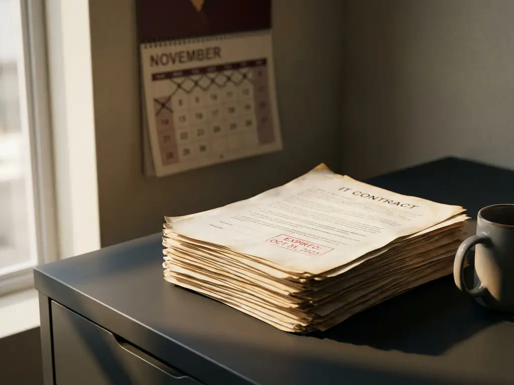Stapel verlopen IT-contracten met vergeling en omgekrulde randen op modern bureau, kalender op achtergrond toont verstreken deadline.