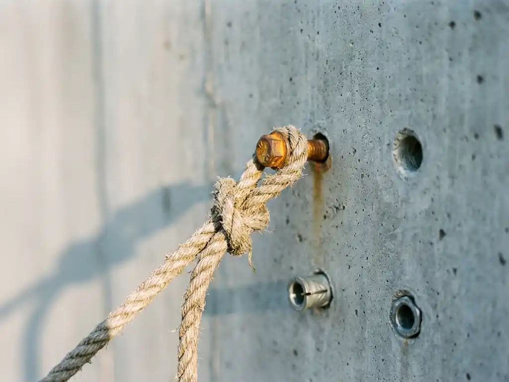 Versleten touw bevestigd aan één ankerbout in betonnen wand, omringd door lege, ongebruikte verankeringspunten.