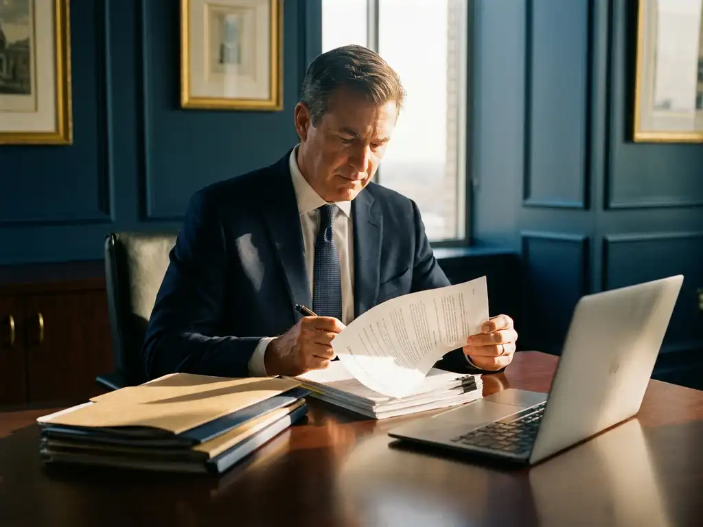 Ervaren executive in maatpak bestudeert enterprise softwarecontract aan vergadertafel, laptops en leveranciersvoorstellen op de achtergrond.
