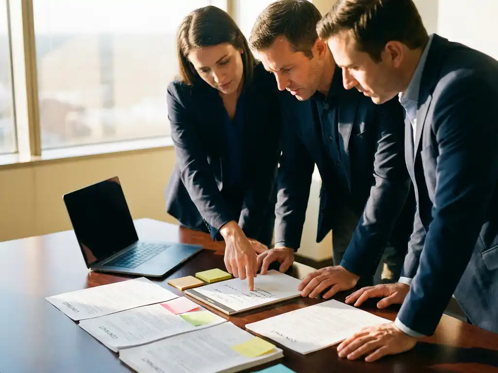 Drie collega's bespreken contractdocumenten en een checklist aan een vergadertafel met laptop, warm licht en houten oppervlak.