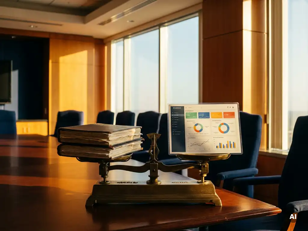 Messing weegschaal op vergadertafel met contractdocumenten tegenover een Power BI-dashboard, in warm kantoorlicht met marineblauwe en amberkleurige tinten.