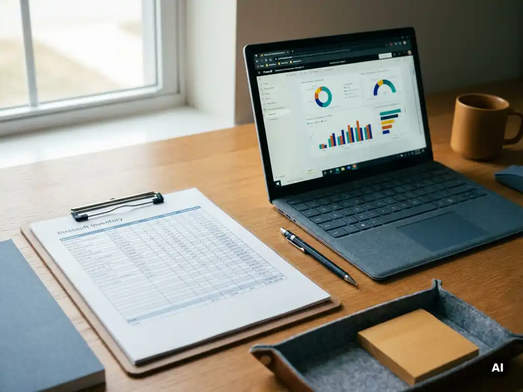 Zakelijk bureau met gedrukt voorraadoverzicht, Surface laptop met Power BI-dashboard in blauw en amber tinten, potlood en sticky notes.