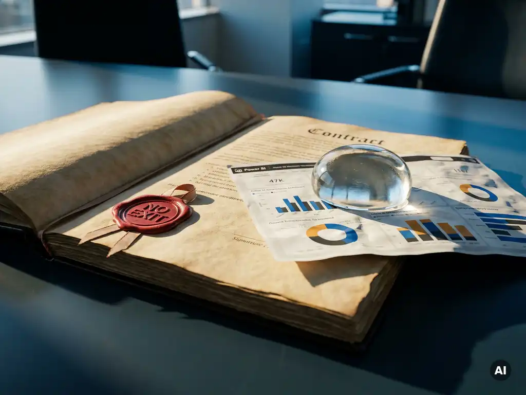 Openliggend contractdocument met rood waszegel op zakelijk bureau, Power BI-dashboard onder glazen presse-papier, dramatische zijverlichting.