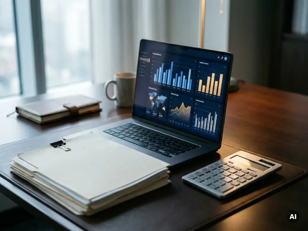Laptop met Power BI-dashboard met kleurrijke staafdiagrammen op een bureau naast contractdocumenten en een rekenmachine.