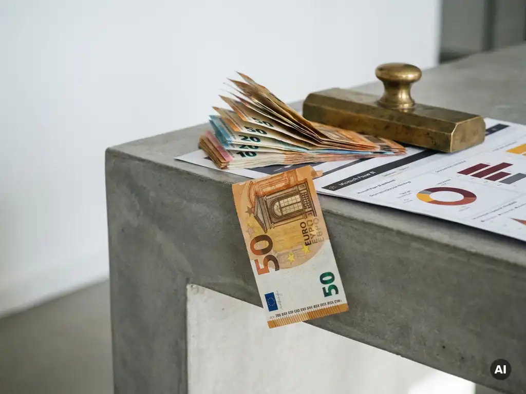 Stapel eurobiljetten die van een modern bureau valt, met een Power BI-rapport onder een messing presse-papier.