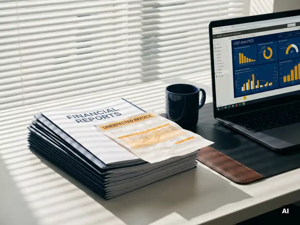 Zakelijk bureau met financiële rapporten en onverwachte factuur, Power BI-kostendashboard op laptop, venetiaanse jaloezieschaduwen in marineblauw en amber.