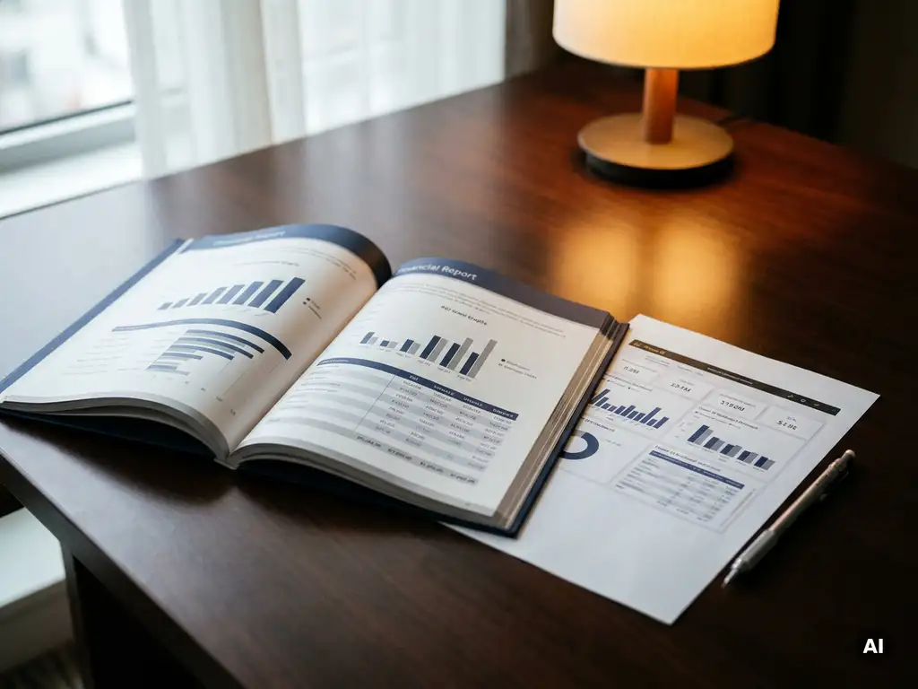 Financieel rapport met ROI-grafieken en een afgedrukt Power BI-dashboard op een zakelijk bureau, verlicht door warm amberkleurig licht.
