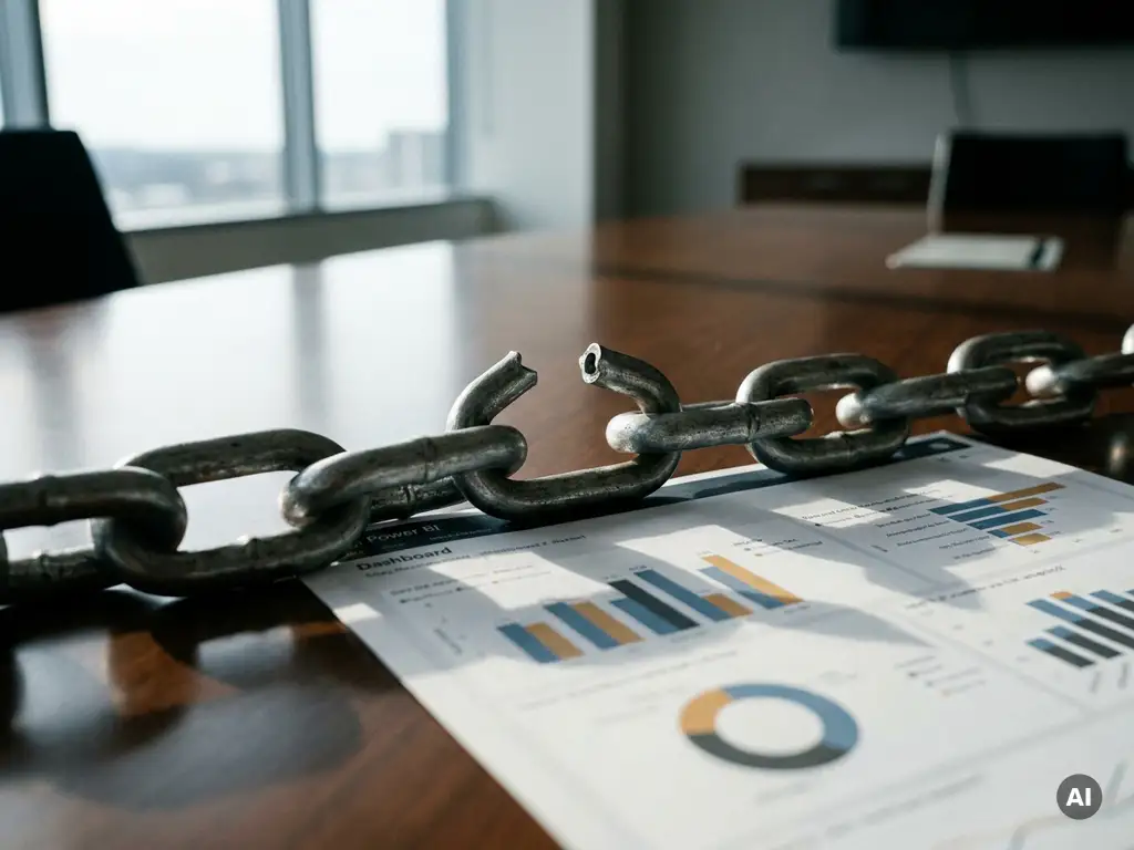 Gebroken stalen schakel op conferentietafel met Power BI-dashboard zichtbaar op de achtergrond, symboliseert zwakke plek in dataketen.