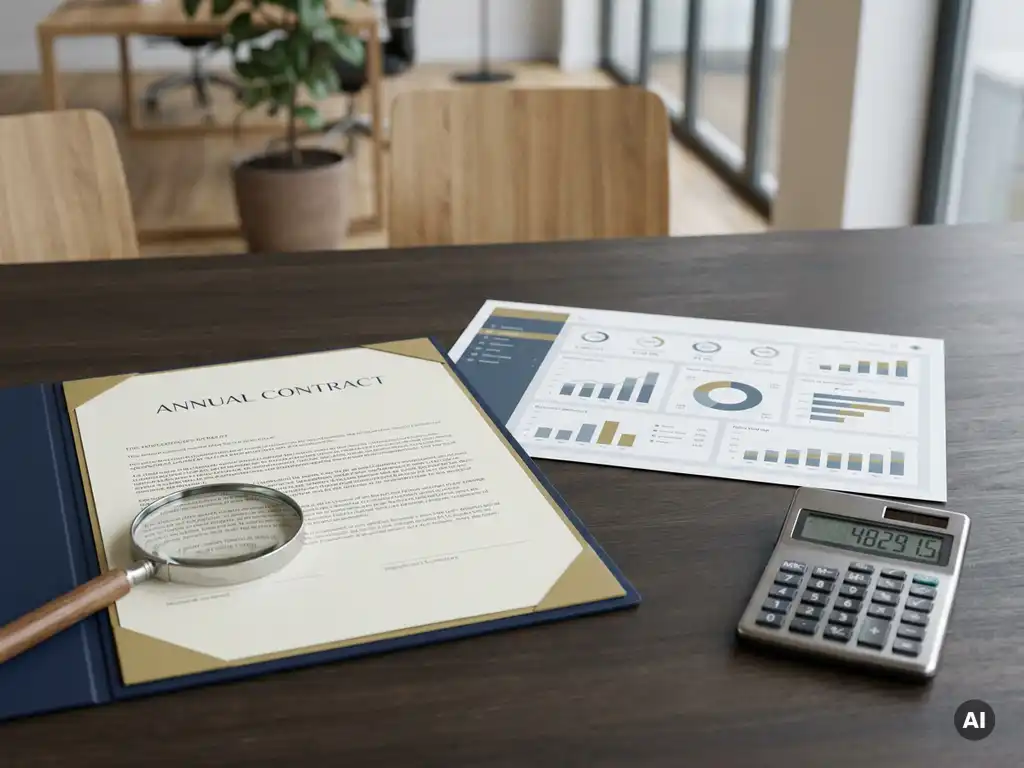 Jaarcontract met dashboardprintout, rekenmachine en vergrootglas op kantoorbureau in staal­blauw en goud.