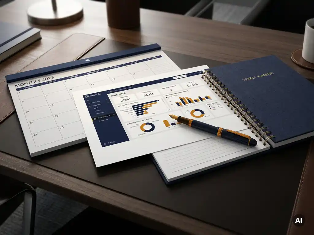 Maandkalender en jaarplanner naast een Power BI-rapport op een zakelijk bureau, met een pen en navy-blauwe en amberkleurige tinten.
