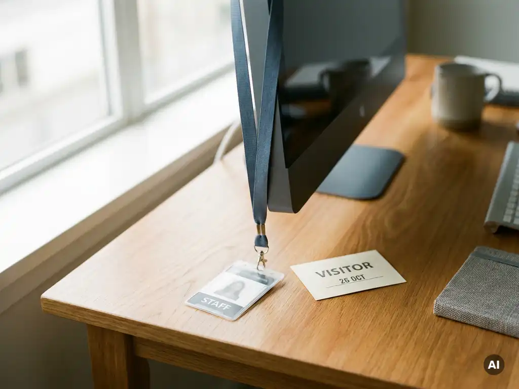 Bedrijfs-ID-badge lanyard hangend aan monitor naast bezoekerspas op gepolijst bureau in modern kantoor.