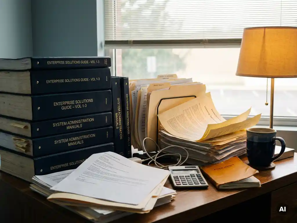 Klein bureau van een mkb-ondernemer bedolven onder dikke enterprise-softwarehandleidingen en licentiedocumenten, met een minuscule rekenmachine ertussen.