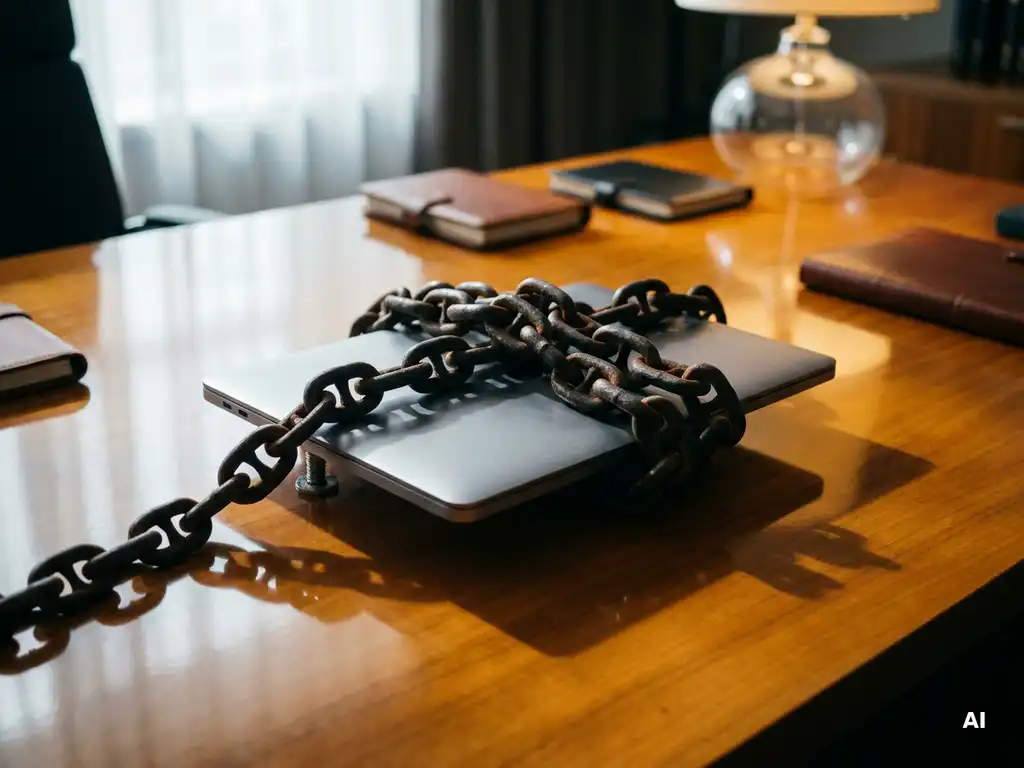 Zware ijzeren ankerketting om een moderne laptop op een zakelijk bureau, symbool voor vendor lock-in afhankelijkheid.