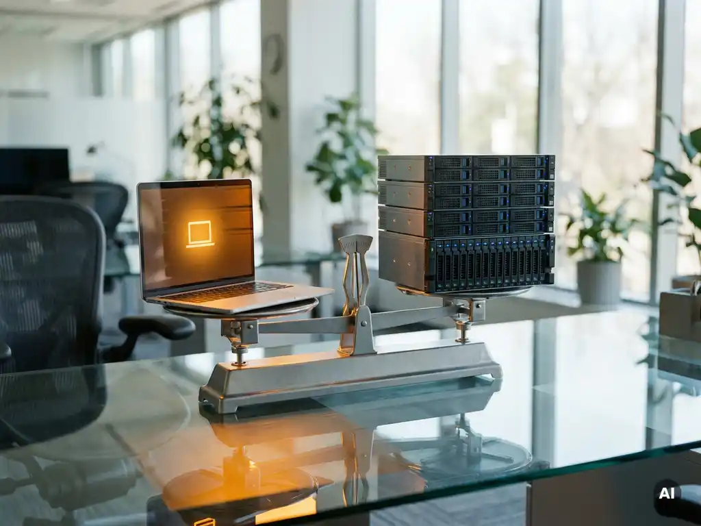 Precisieweegschaal op glazen bureau met laptop tegenover serverhardware, symboliseert keuze tussen Pro- en Premium-licenties.